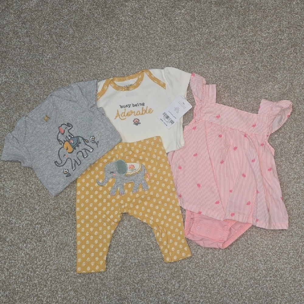 New! Carter's 3 Month Baby Clothing Set: 3 Piece Elephant Set & Bunny Pink Dress